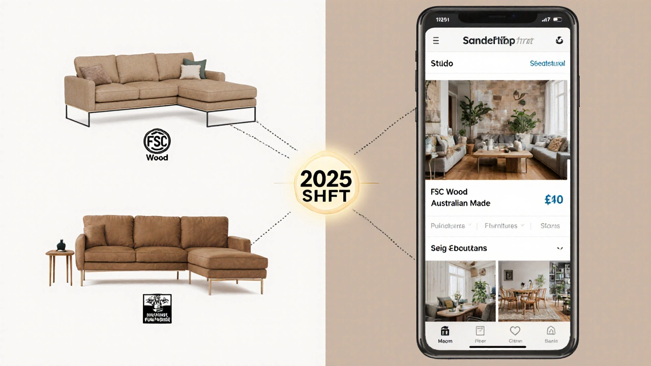 A conceptual split-screen showing premium sustainable furniture on one side and an AI app suggesting affordable options on the other.