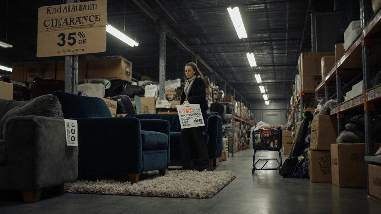 A warehouse clearance aisle filled with discounted furniture including velvet sofas and wool rugs, under fluorescent lights with clearance signs.
