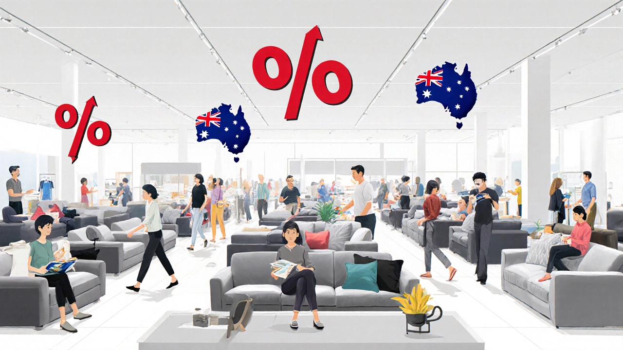 Busy Australian showroom on August White Friday sale with shoppers and floating discount symbols.