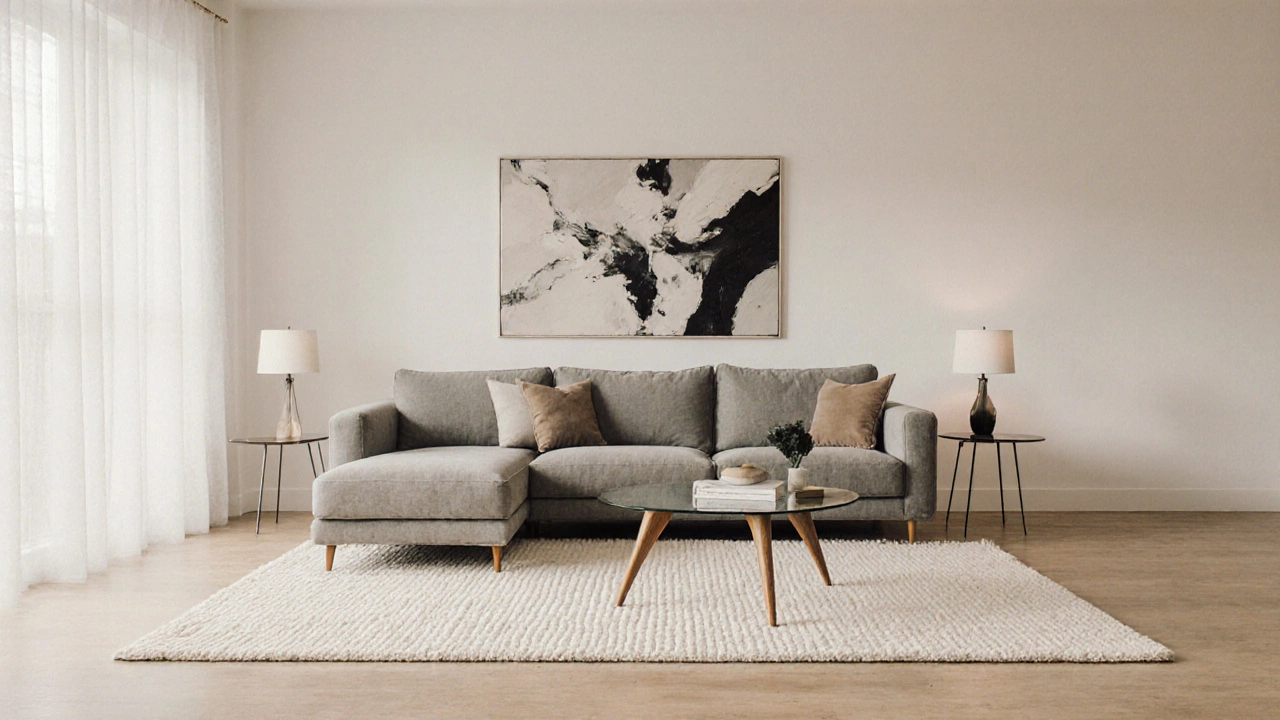 Centered L‑shaped sofa island with rug, low coffee table, and side tables in a spacious room.