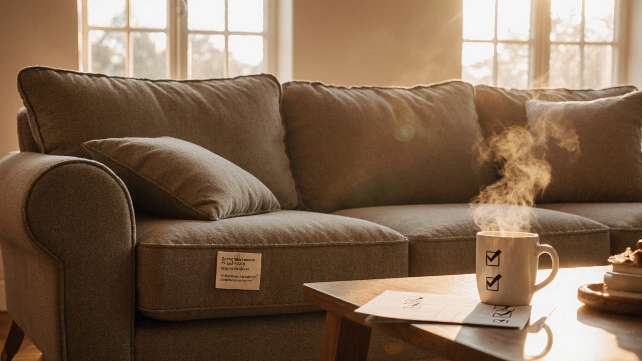 Comfortable living room with a high‑quality sofa and a checklist on the coffee table.
