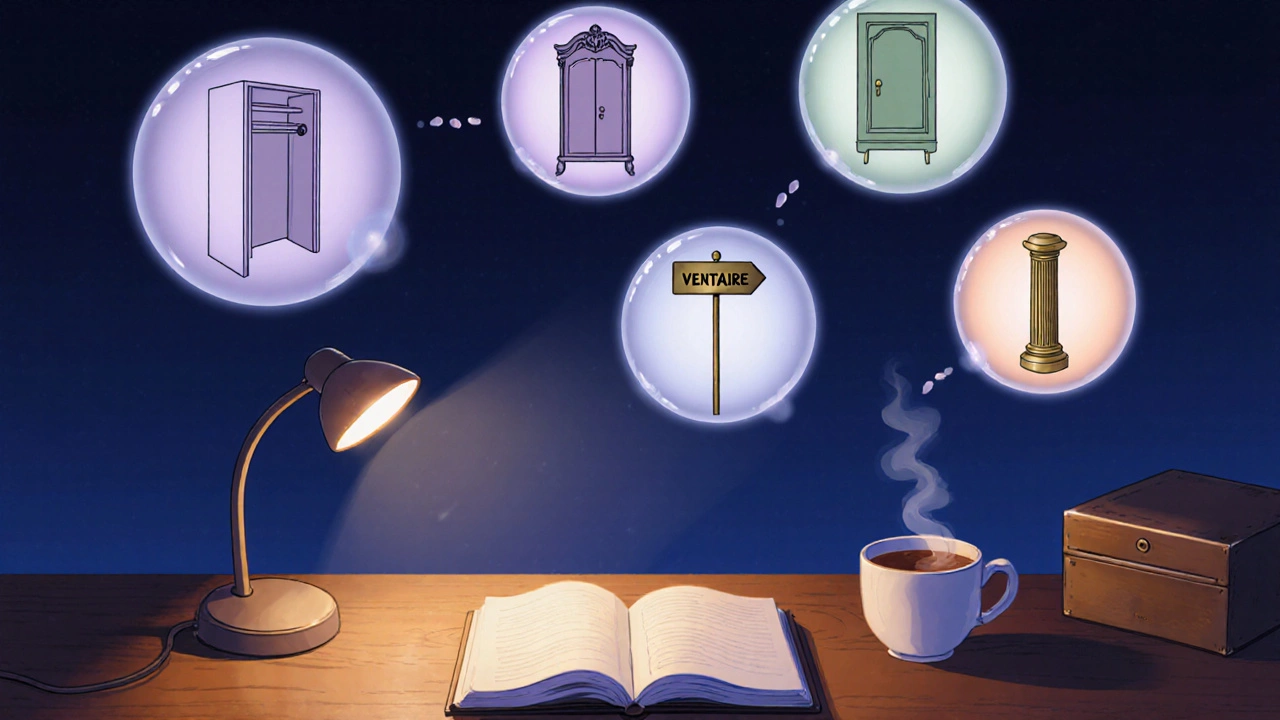 Conceptual scene of a writer&#039;s desk with floating bubbles depicting silhouettes of storage synonyms.