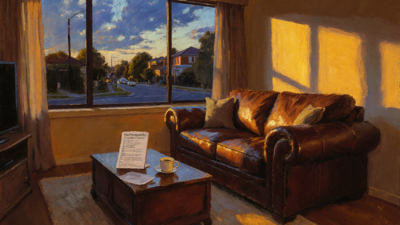 Cozy Melbourne living room with a leather sofa and a visible purchase checklist.