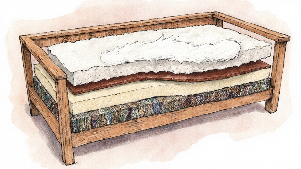 Cutaway illustration of a sofa showing frame, foam, and various upholstery layers.