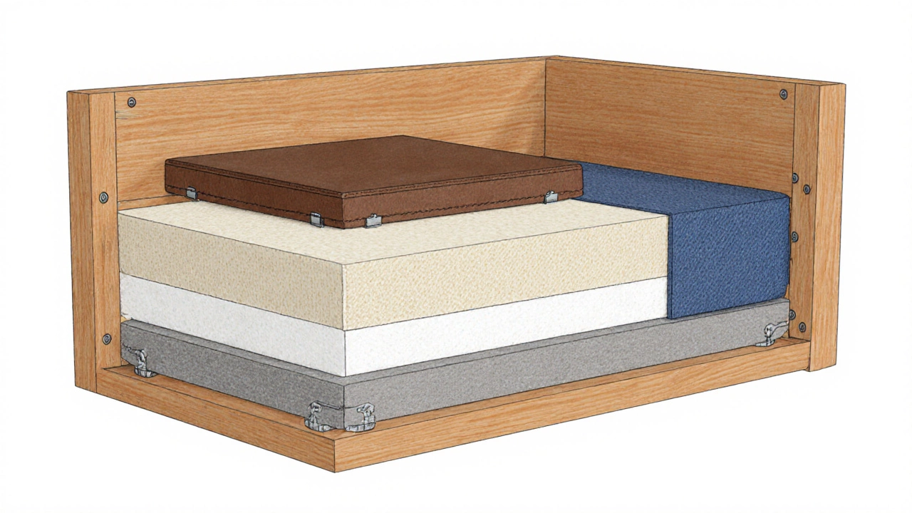 Cutaway view of a couch showing wood frame, foam core, down fill, and upholstery layers.