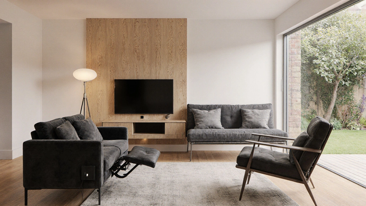 Digital rendering of a lounge with loveseat, recliner, futon, and chaise.