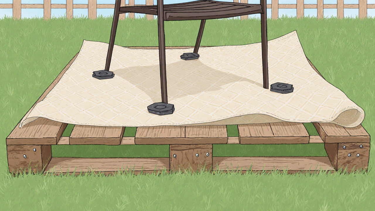 DIY pallet platform with landscape fabric, rug, and furniture pads on grass.