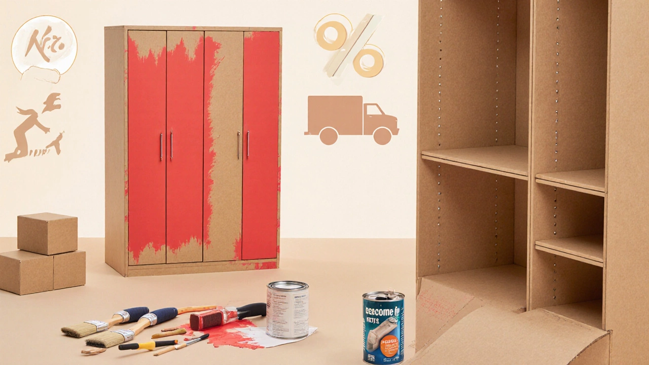 DIY scene of painting and assembling a budget wardrobe with tools and modular pieces.