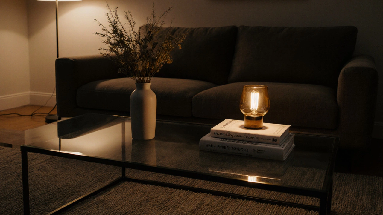 Evening photo of glass coffee table with vase, books, and lamp on a rug near a sofa.