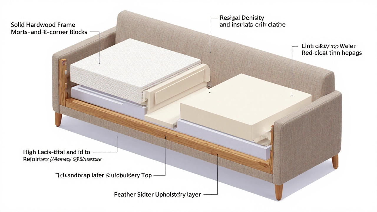 Exploded view showing couch frame, springs, foam, latex, and upholstery layers.