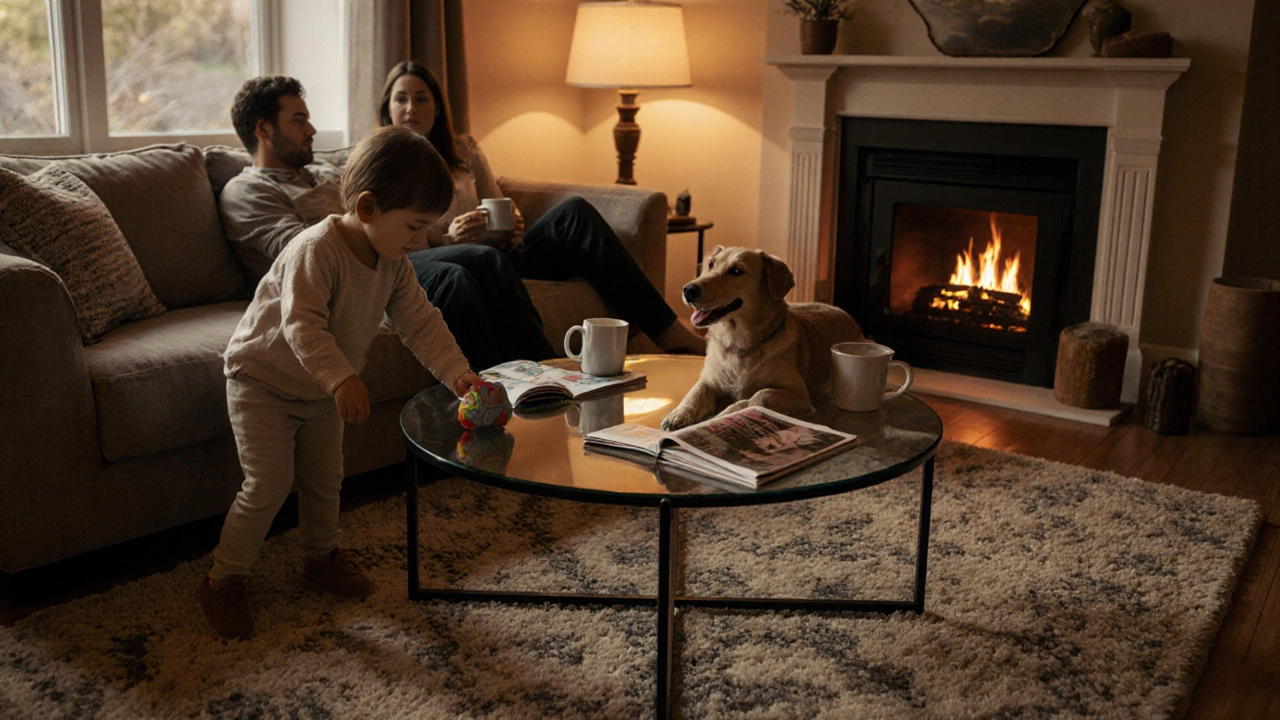Family living room with a round glass coffee table, a toddler, and a dog, lit by warm lamp light.