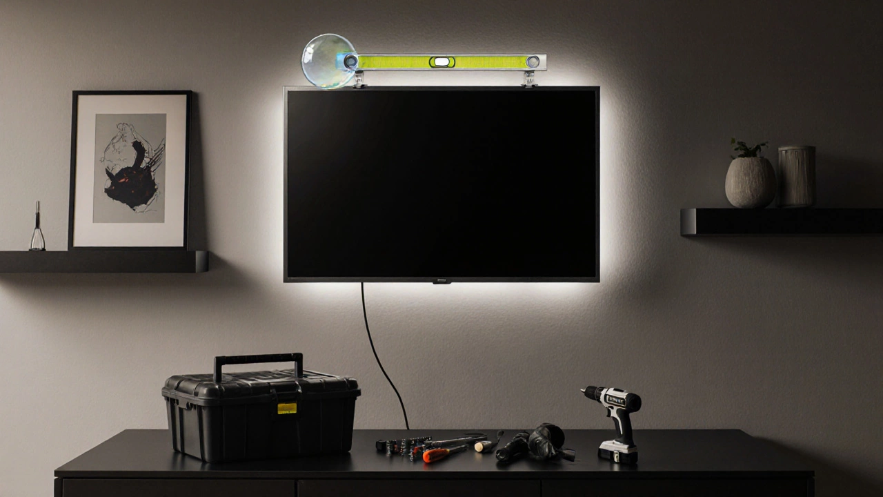 Finished TV wall mount with level tool, cables hidden, and installation tools nearby.