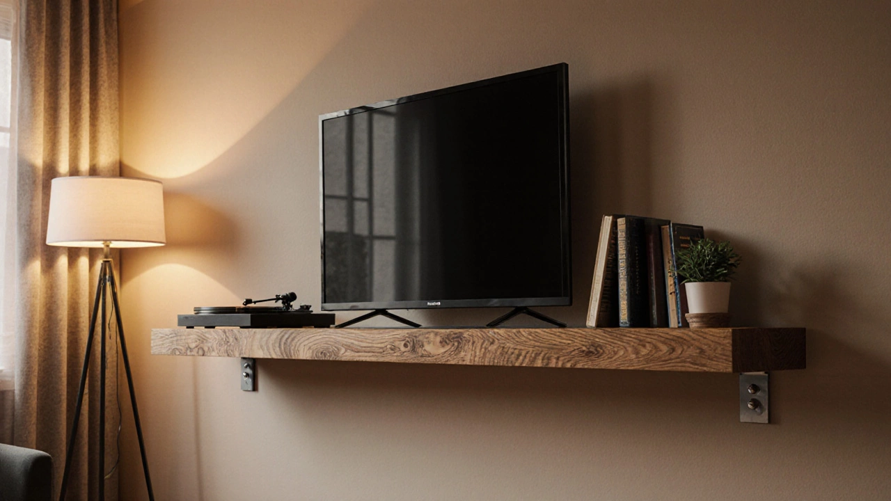 Floating wooden shelf holding a TV and decorative items, with hidden brackets attached to wall studs.