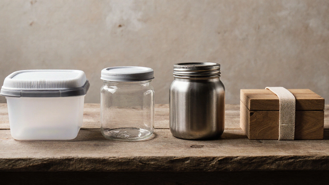Four different storage containers displayed side by side, showing various seals and materials.