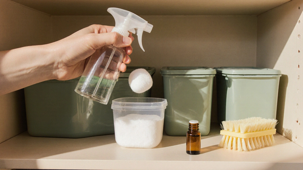Hands cleaning and adding a peppermint‑oil cotton ball to sealed containers on a pantry shelf.