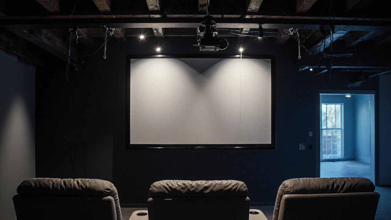 Home‑theater view of a large TV hanging from a ceiling mount above recliner chairs.