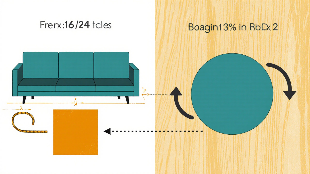 Illustrated split screen showing square and round coffee table footprints with measurement arrows on a floor plan.