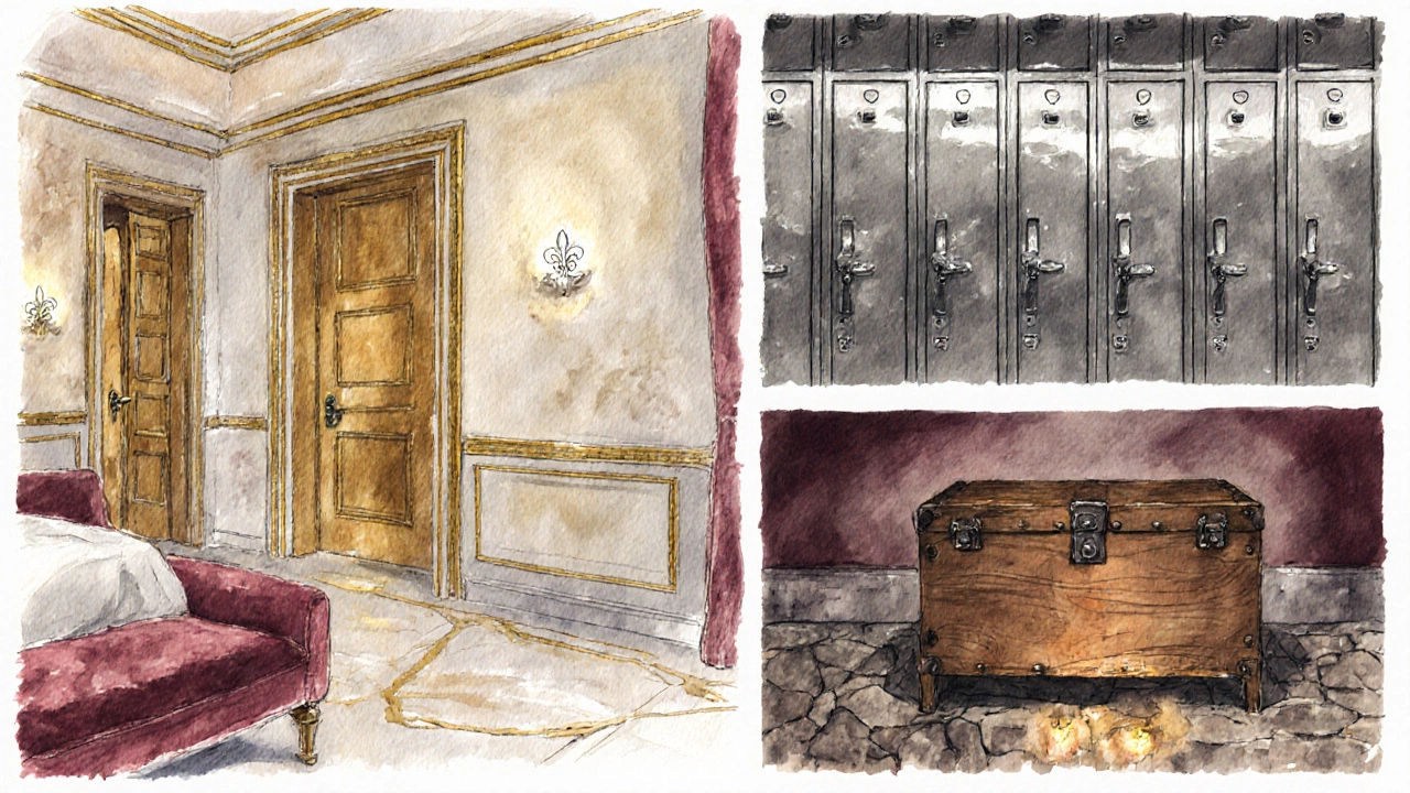Illustrated vignette of a formal hotel vestiaire, gym lockers, and a rustic wooden chest.