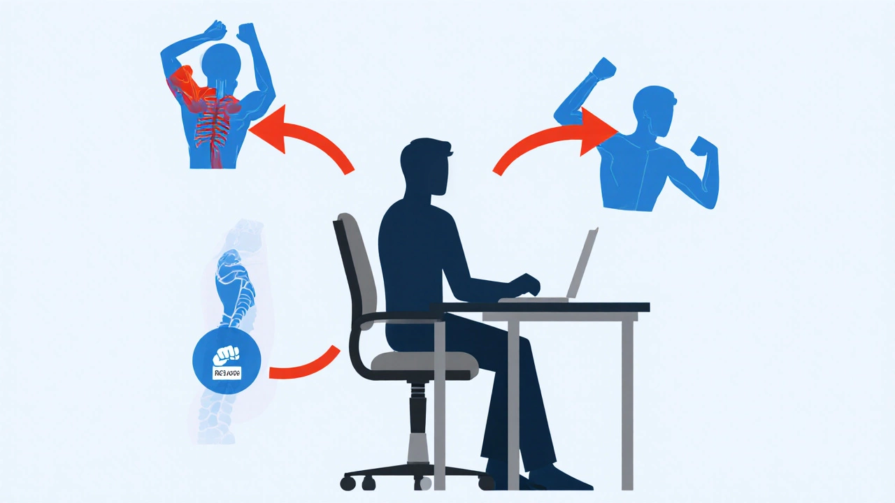 Illustration of a seated figure showing raised shoulders, wrist deviation, and forward spine tilt.