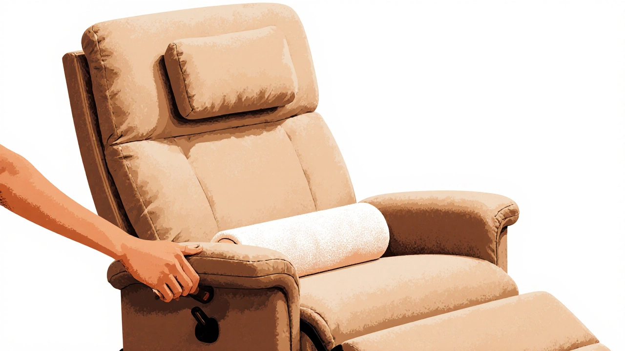 Illustration of recliner adjustments: lever, lumbar towel, footrest, and armrest cushions.