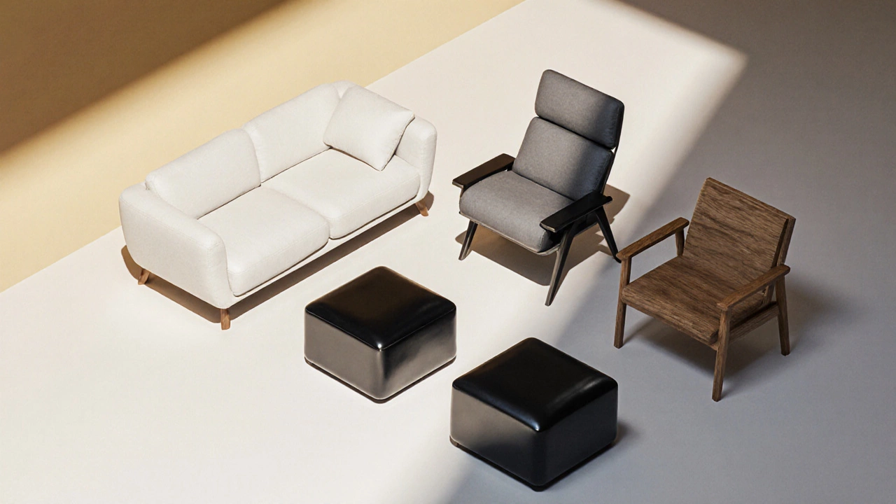 Isometric illustration of white, gray, black, and wood furniture under different lighting.