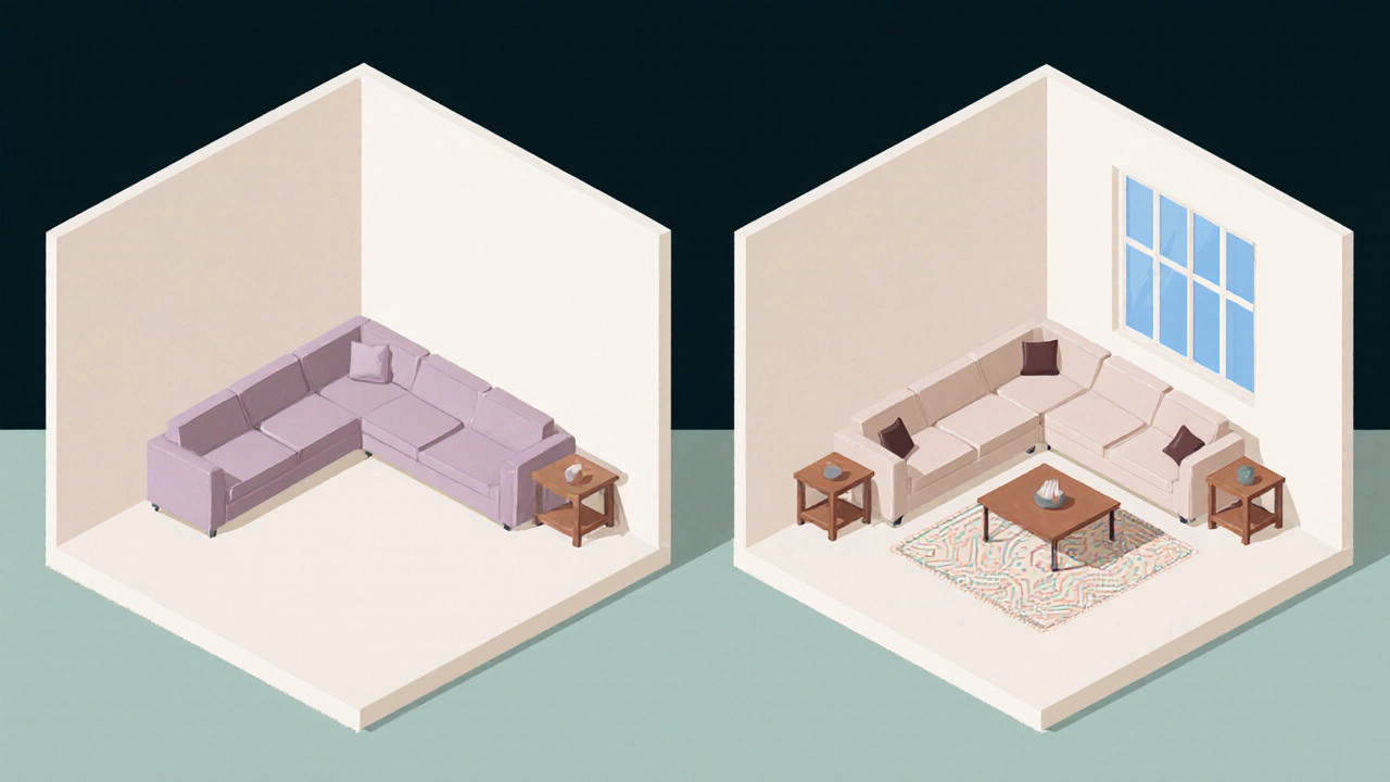 Isometric view comparing wall‑mounted and centered corner sofa layouts side by side.