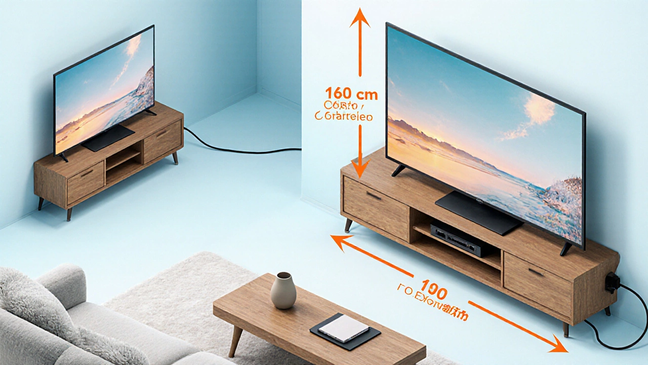 Isometric view of a living room with a 65‑inch TV on a wide stand and a 60‑inch TV on a smaller stand.