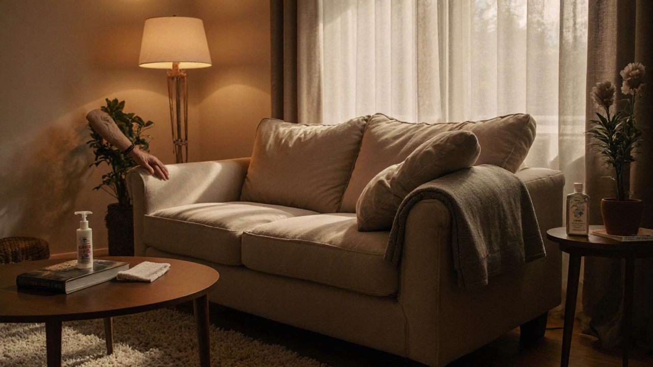 Living room scene of a sofa with rotated cushions, curtains, slipcover, and cleaning cloth.