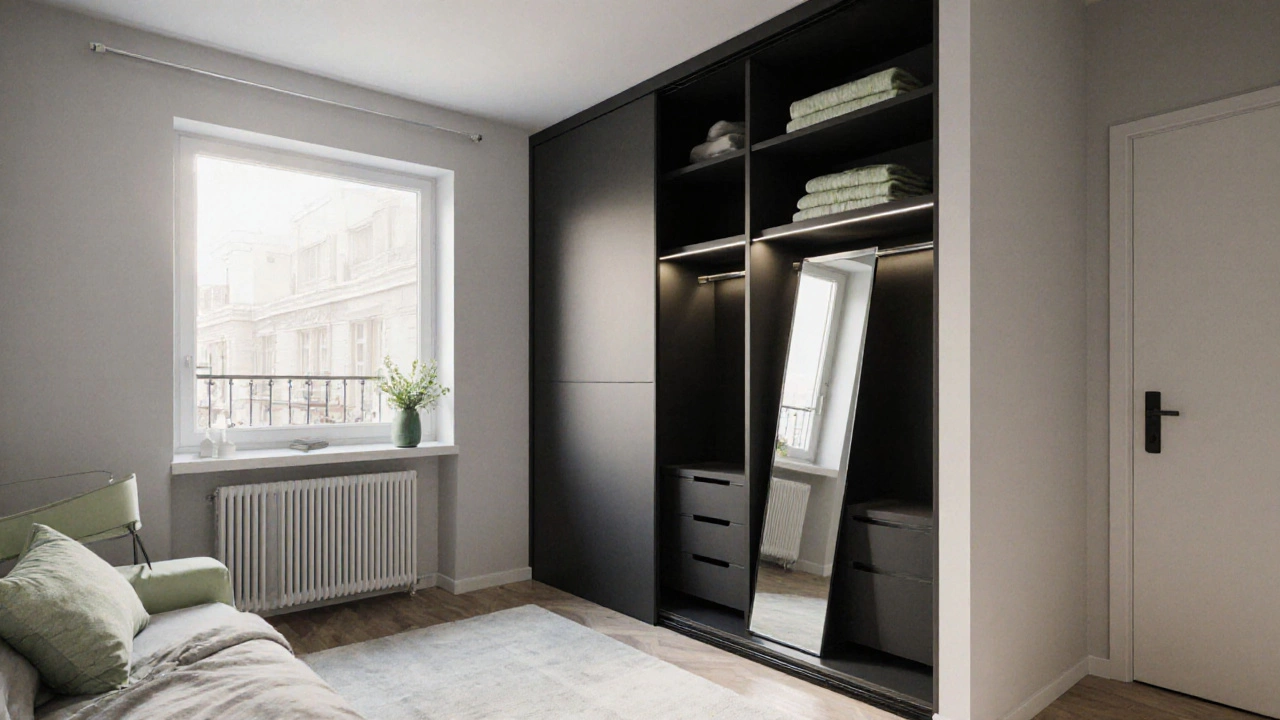 Modern 3D render of a compact modular sliding wardrobe with LED lighting in a European flat.