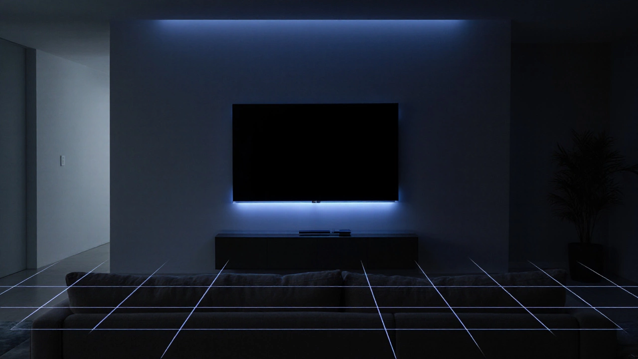 Modern lounge with a wall‑mounted 65‑inch TV and a sofa positioned at ideal viewing distance.