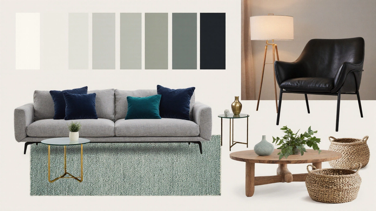 Mood‑board collage pairing gray, black, and wood furniture with complementary accents.