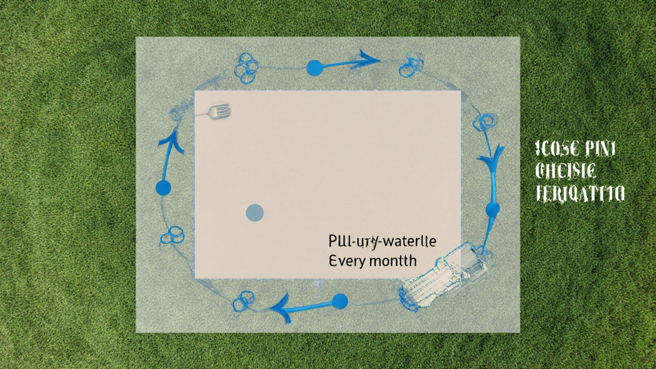 Overhead view of aerating, watering, and rotating furniture around a rug.