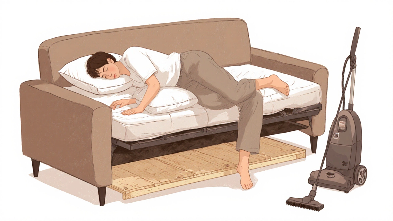 Person sleeping peacefully on a sofa bed with supportive pillows and visible frame reinforcement.