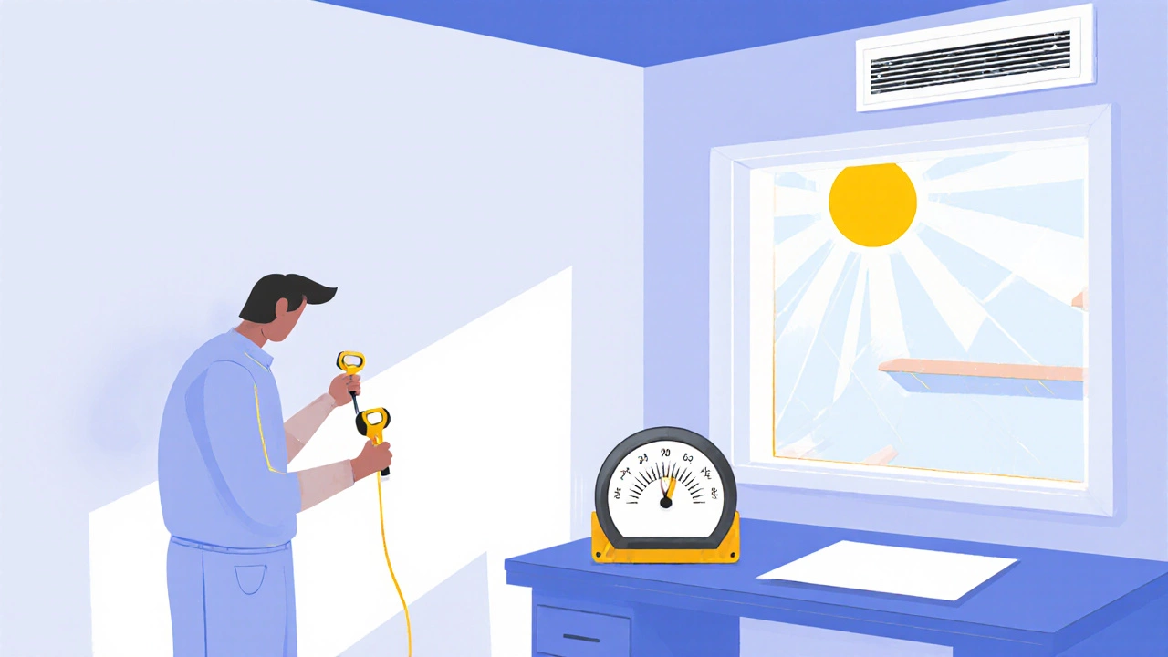 Person using a stud finder and checking sunlight for shelf placement.