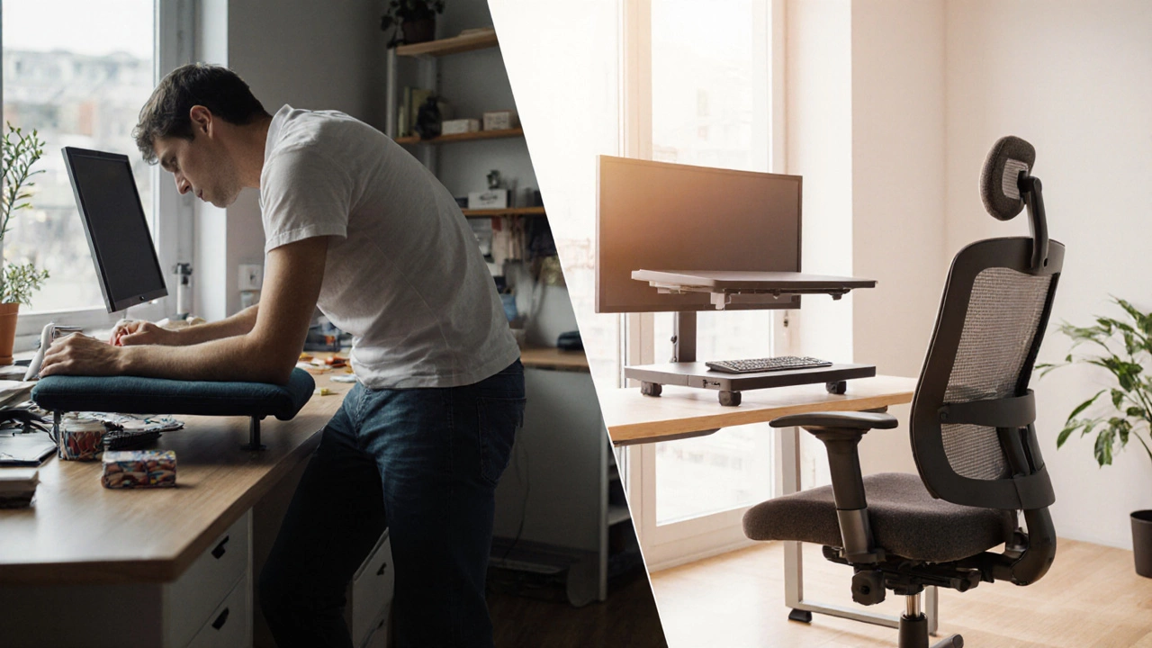 Side‑by‑side 3D render contrasting a no‑armrest chair setup with an upgraded ergonomic workspace.