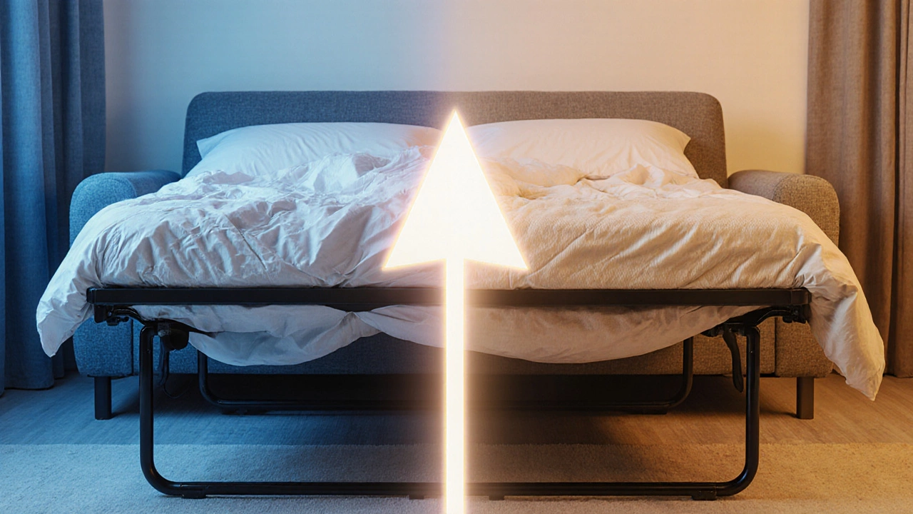 Side-by-side comparison of poor vs improved sofa bed setup for better sleep.