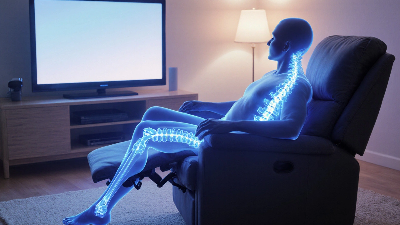 Silhouette of relaxed person in recliner showing aligned spine, circulation, and breathing.