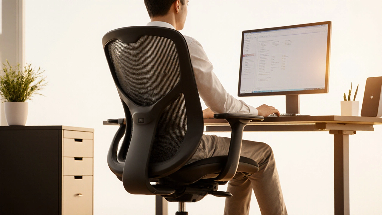 Someone sitting upright in an ergonomic mesh chair with proper spinal support and natural lighting.