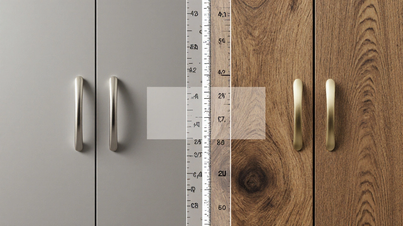 Split illustration showing MDF laminate vs solid oak wardrobe panels with hardware and a ruler overlay.