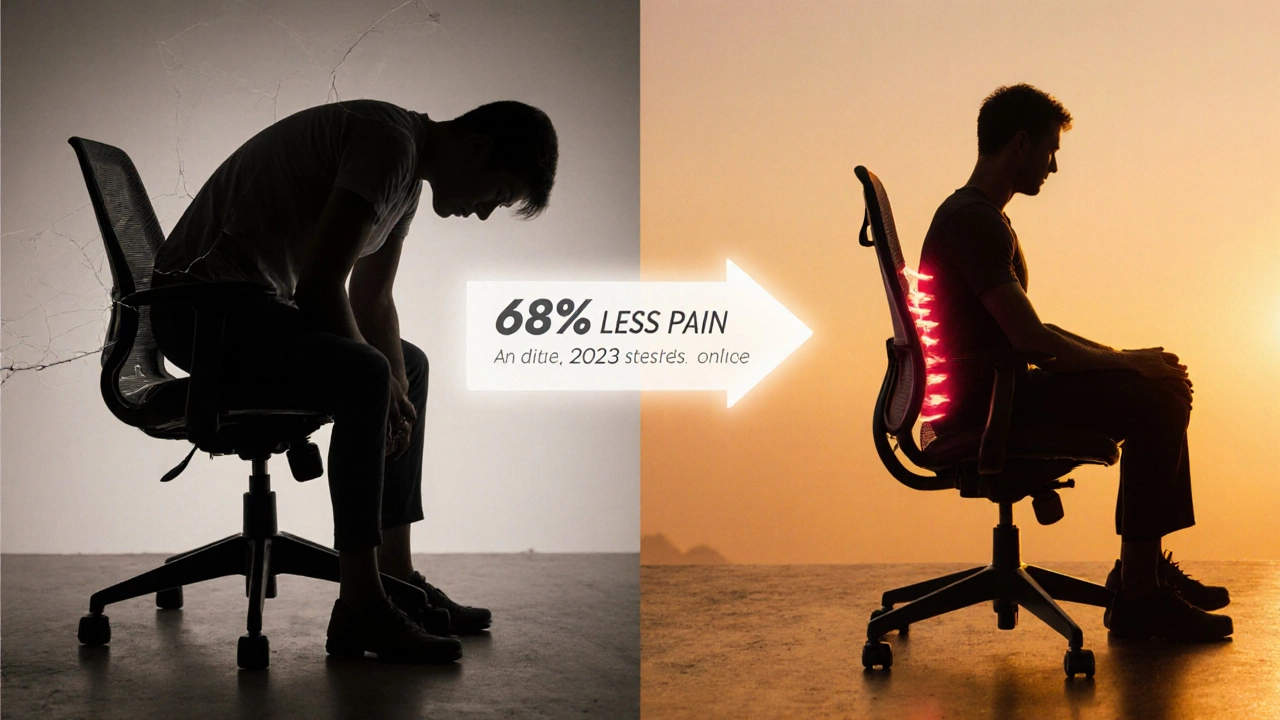 Split image contrasting a broken chair causing pain with a supportive chair promoting health.