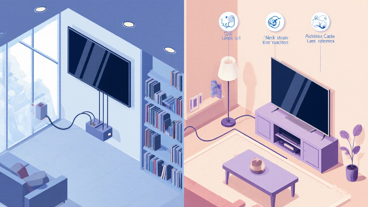 Split‑view showing a high‑mounted large TV in a big room and a low‑mounted TV in a small room.