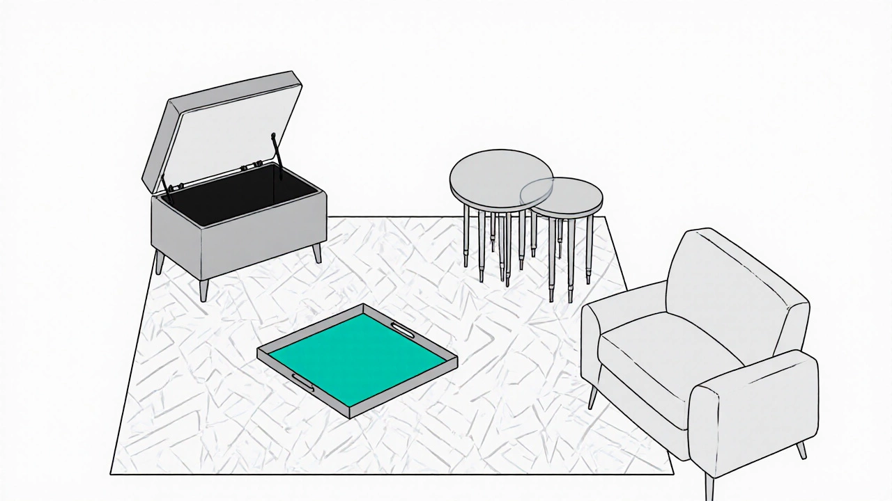 Top‑down illustration of ottoman, nesting tables, floor tray, and side table in a small living area.