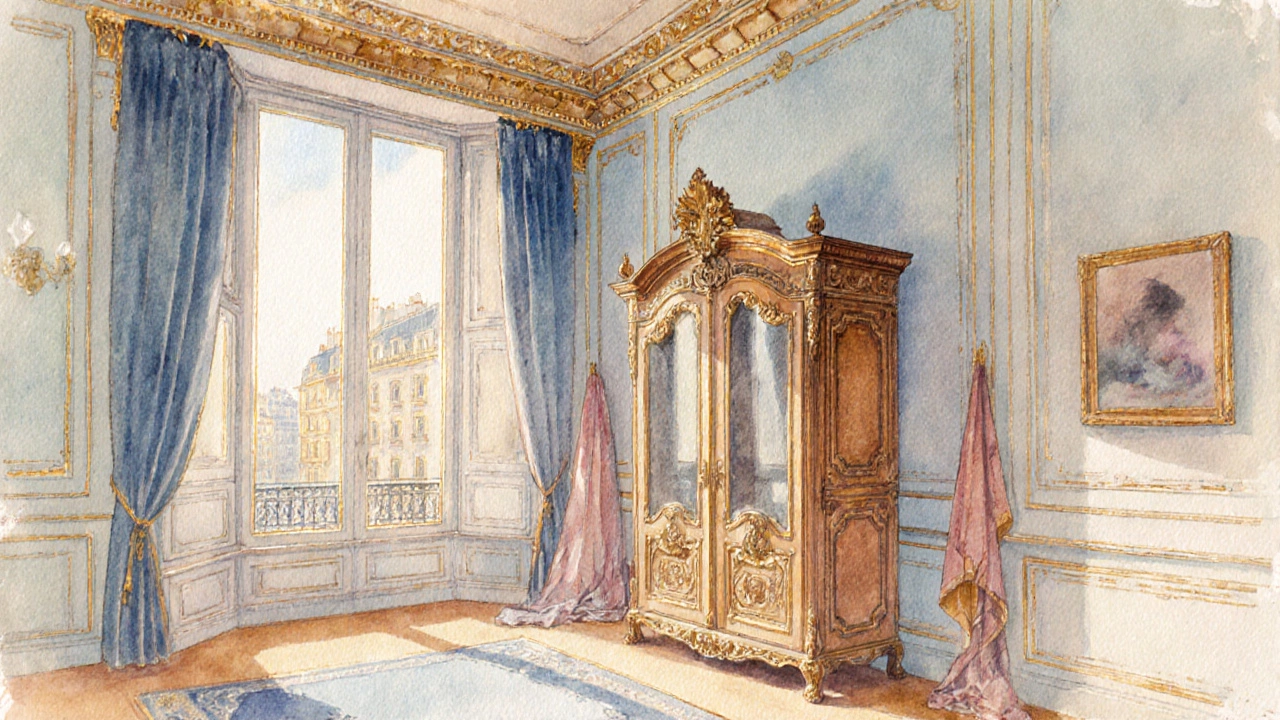 Vintage watercolor of a 19th‑century Paris apartment with a decorative wardrobe as a focal point.