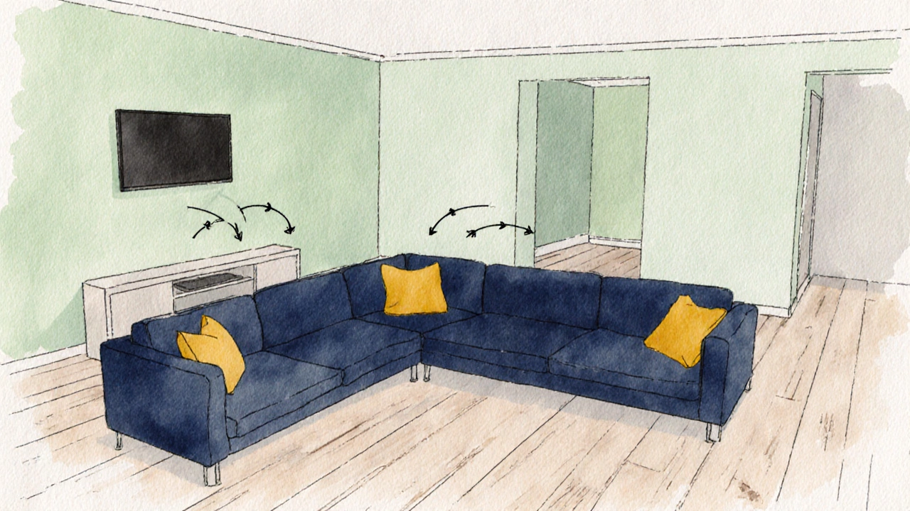 Watercolor of an L‑shaped sectional defining a lounge zone.