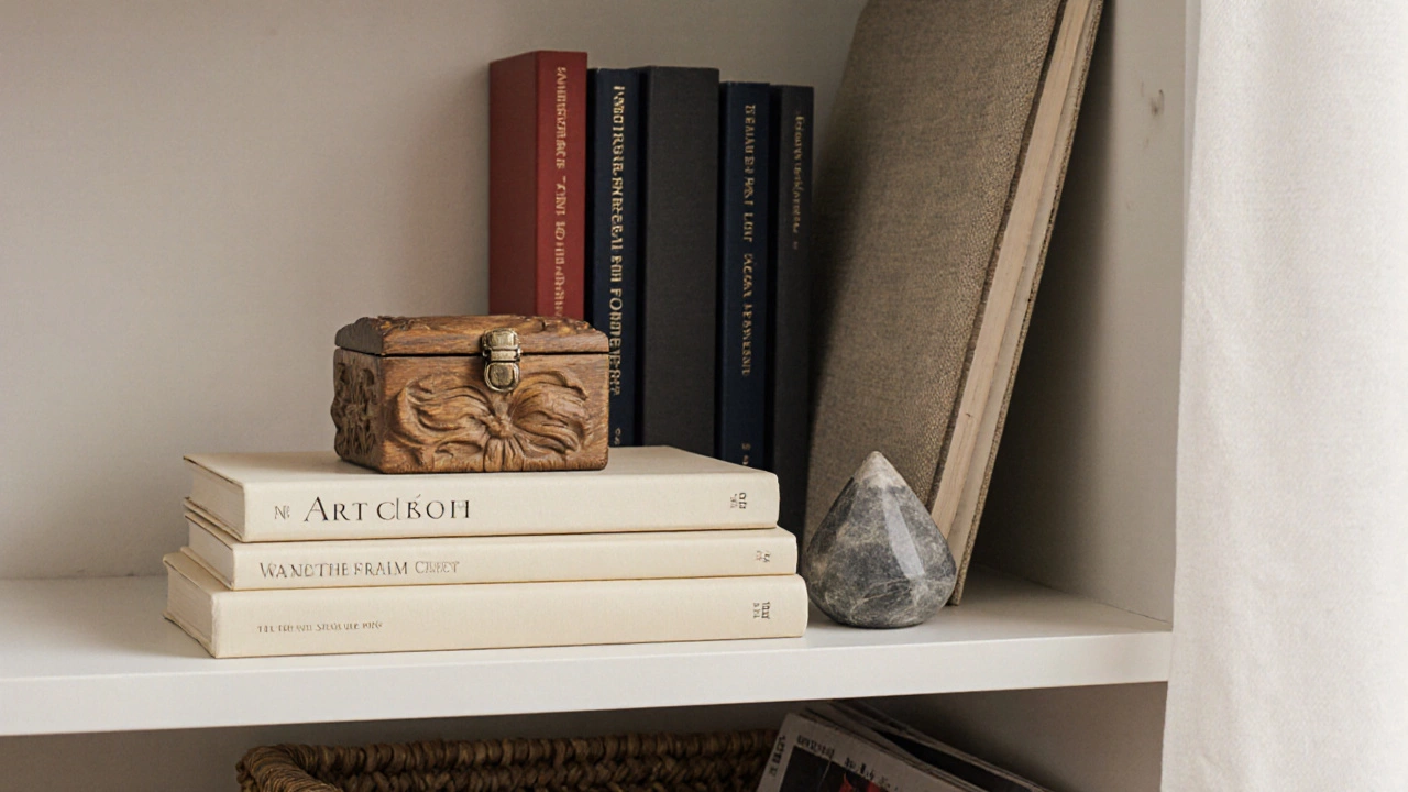 A curated shelf with art books, a wooden box, and a red-spined book among neutral tones.