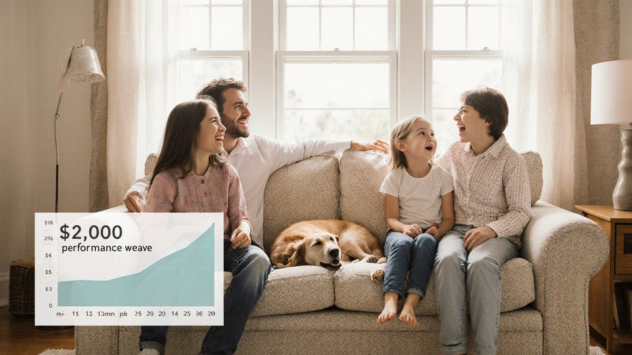 A family enjoying a reupholstered couch at home, with durable fabric and natural light, representing long-term value.