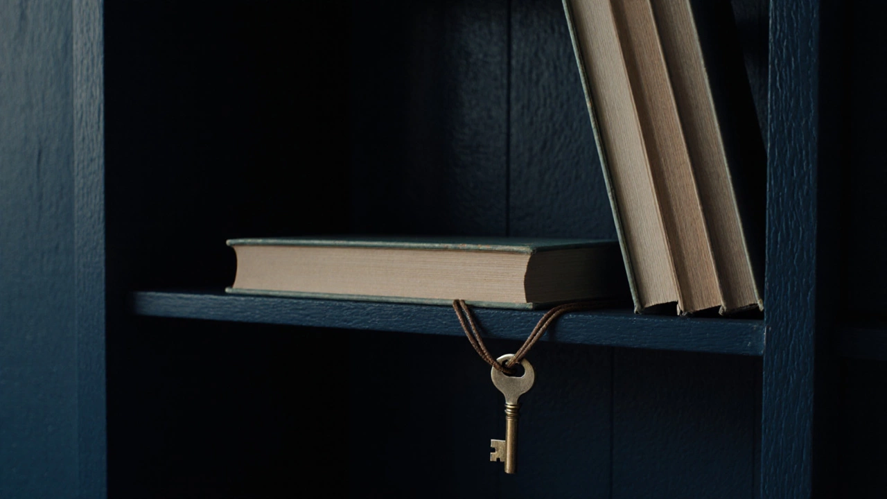 A narrow bookshelf with three books and a brass key on leather cord, set against a dark wall.