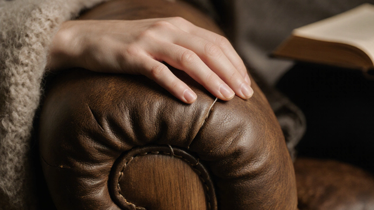 Close-up of a worn leather armrest of a cuddle sofa, showing texture and subtle signs of use.