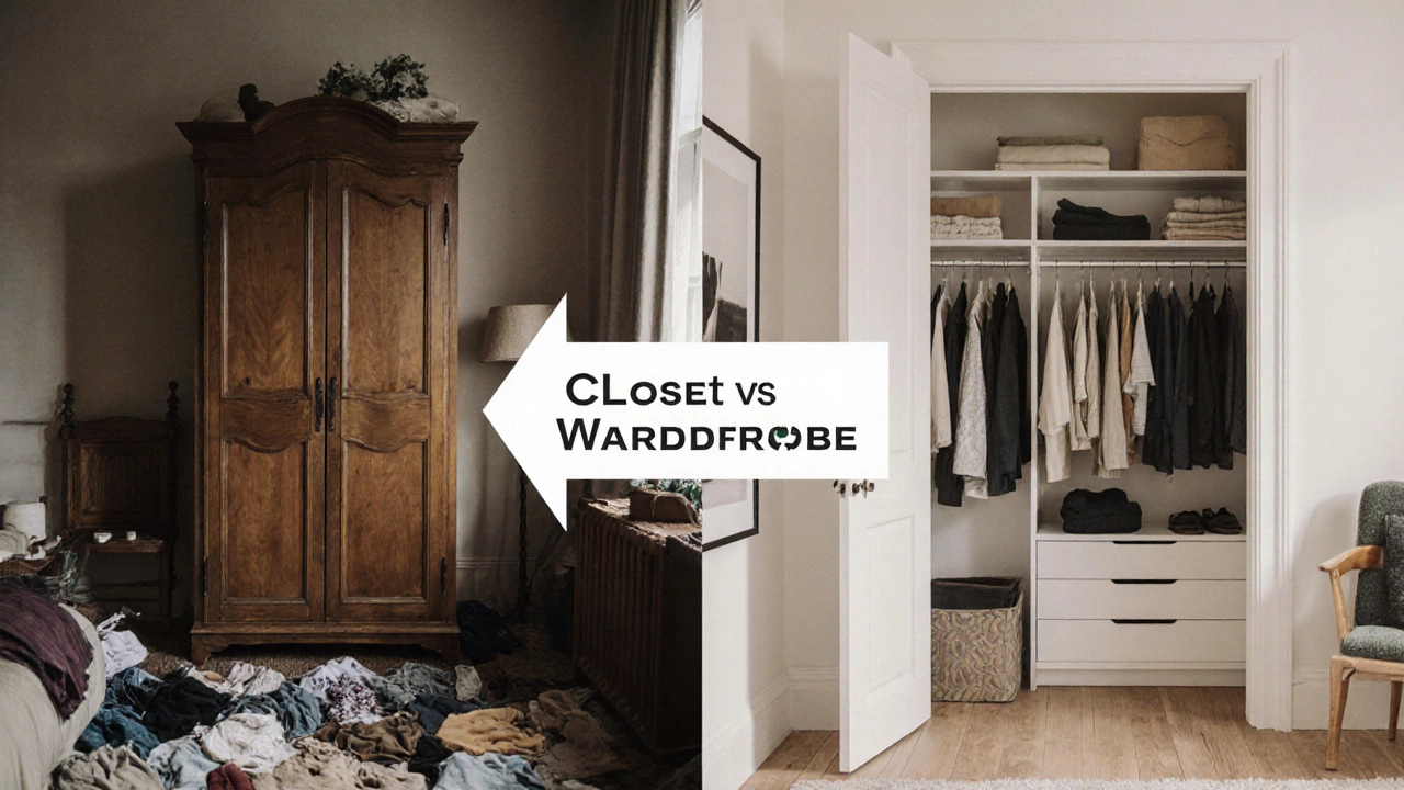 Conceptual split image comparing British wardrobe and American closet styles.