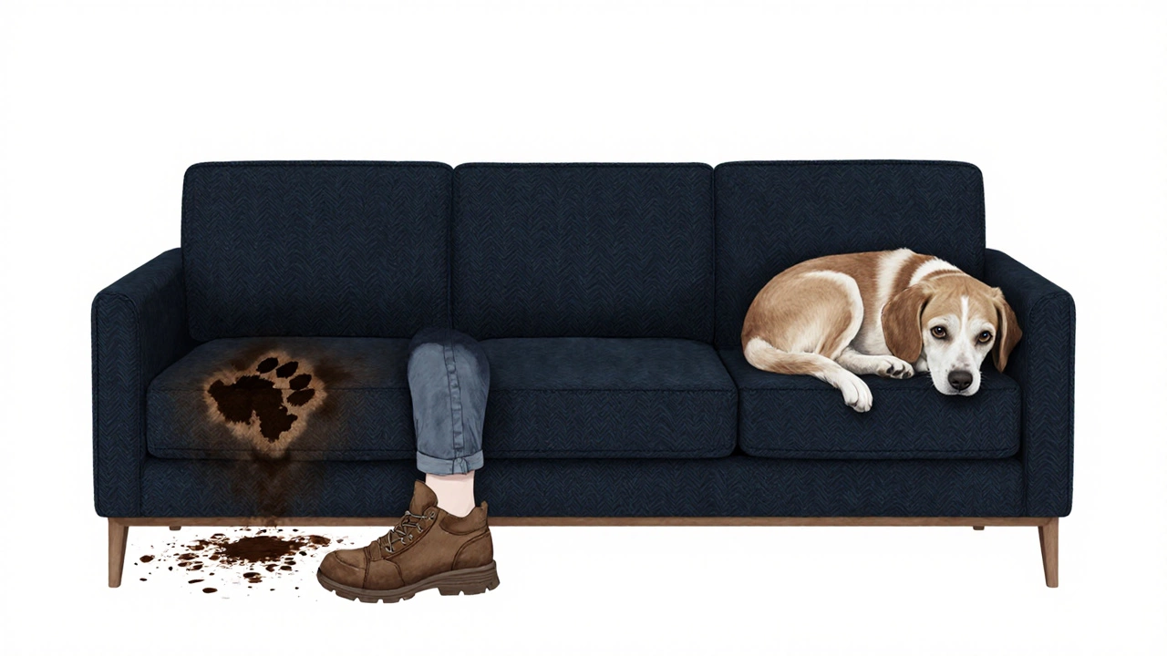 Navy herringbone sofa with coffee stain and muddy shoe print blending into the fabric.